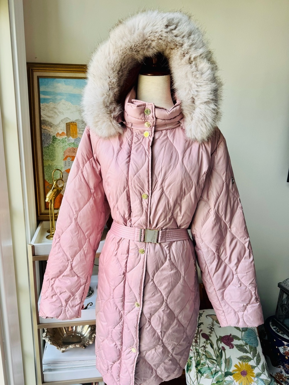 MICHAEL Michael Kors Blush Quilted Belted Puffer Coat with Faux Fur Hood - Picture 2 of 12